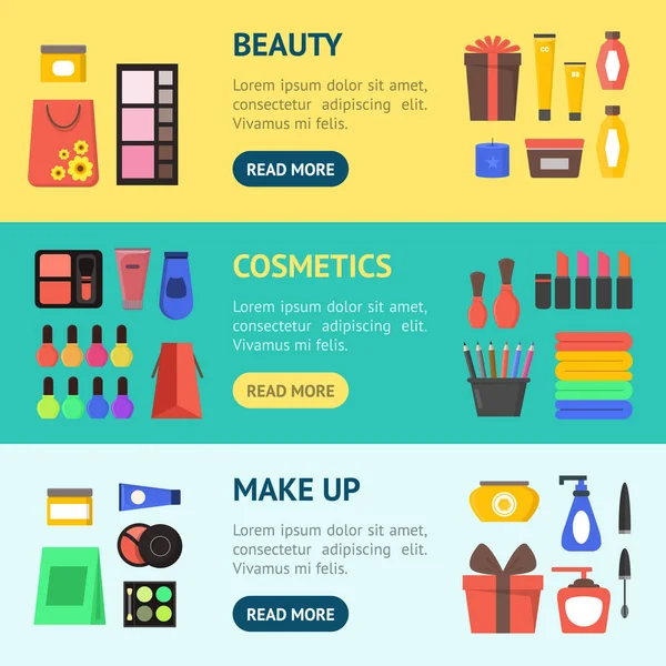 Çizgi film güzellik kozmetik mağazası afiş yatay küme. Vektör