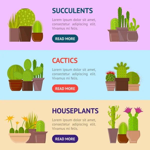 Plante de cactus de bande dessinée dans des pots Bannière Set horizontal. Vecteur — Image vectorielle