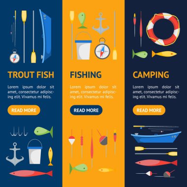 Çizgi film balıkçılık afiş Vecrtical küme. Vektör