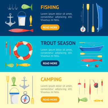 Çizgi film afiş yatay Set Balık tutma. Vektör