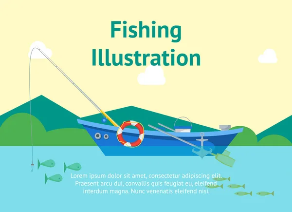 Barco de pesca de dibujos animados en la tarjeta del cartel del paisaje. Vector — Archivo Imágenes Vectoriales