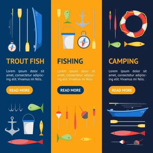 Çizgi film balıkçılık afiş Vecrtical küme. Vektör