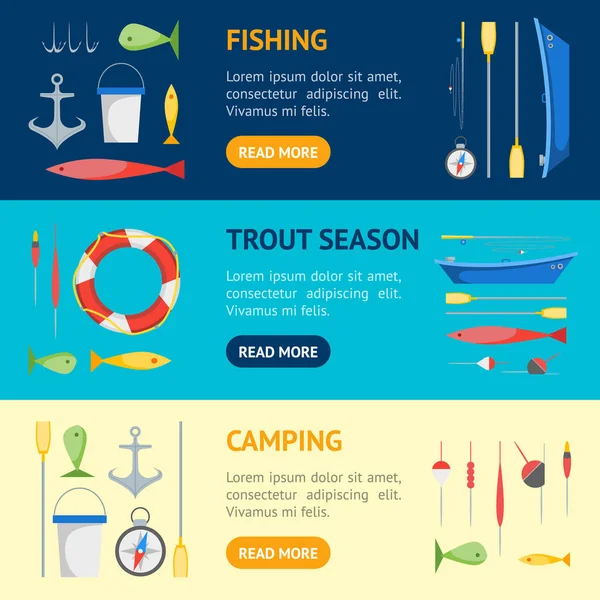 Çizgi film afiş yatay Set Balık tutma. Vektör