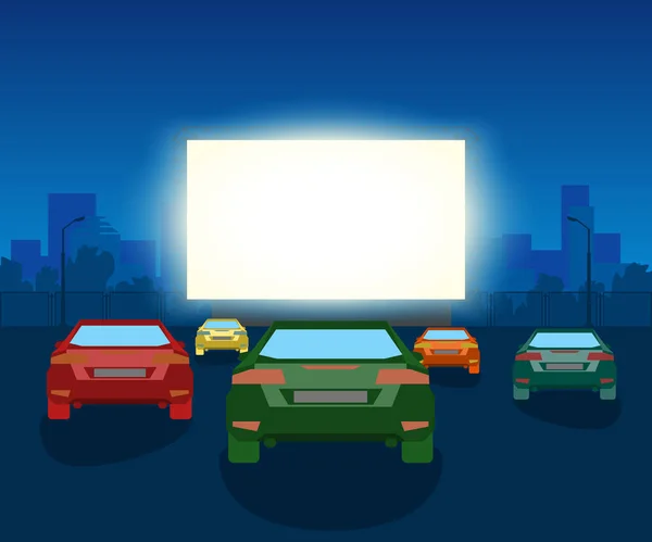 Vektor-Auto Open-Air-Kino. Oldtimer-Illustration mit Autos und nächtlicher Stadt — Stockvektor