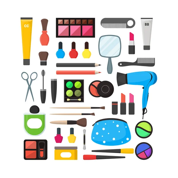 Vector platte make-up Tools Icon Set. Cosmetica, Mascara en borstels op witte achtergrond afbeelding — Stockvector