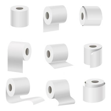 Gerçekçi şablon boş beyaz tuvalet kağıdı küme. Vektör