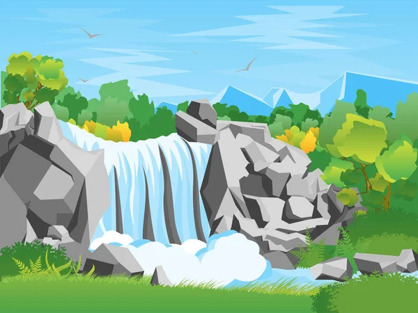 Cachoeira dos desenhos animados paisagem fundo. Vetor — Vetor de Stock