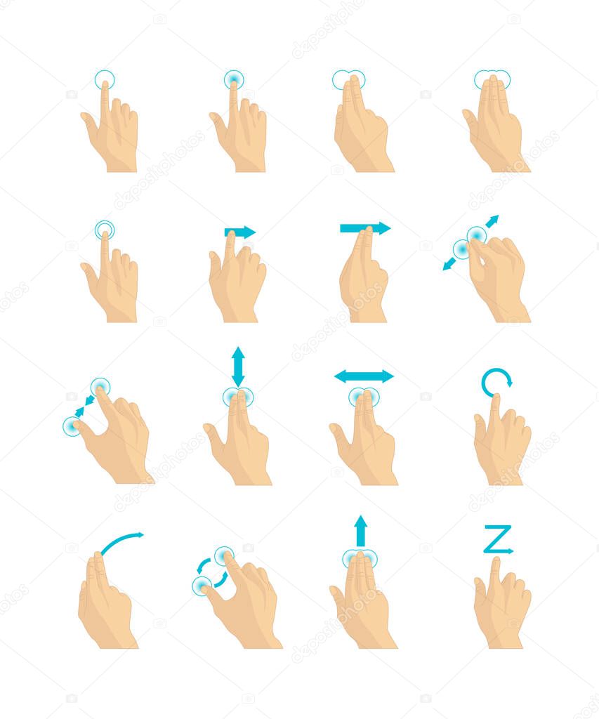 Cartoon Touch Screen Gestures Set. Vector
