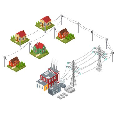 Elektrik santrali izometrik görünümü. Vektör