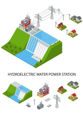 Hidroelektrik Santrali ve öğe izometrik görünümü ayarlayın. Vektör