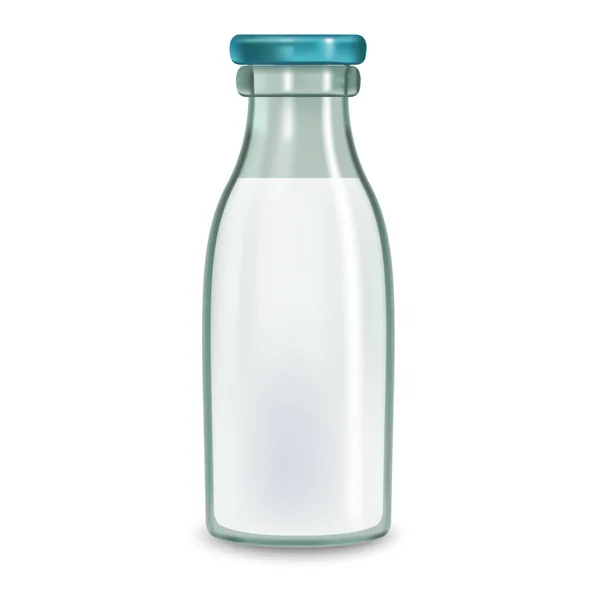 Bottiglia completa di latte in vetro trasparente realistico. Vettore — Vettoriale Stock