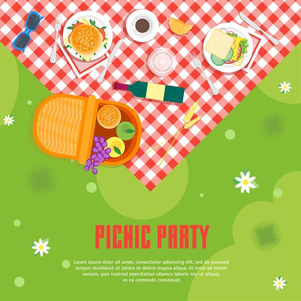 Cartoon Summer Picnic in Park Basket Fondo de la tarjeta. Vector — Archivo Imágenes Vectoriales