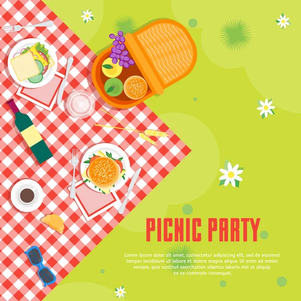 Kreskówka lato piknik w parku kosz kartę tło. Wektor — Wektor stockowy