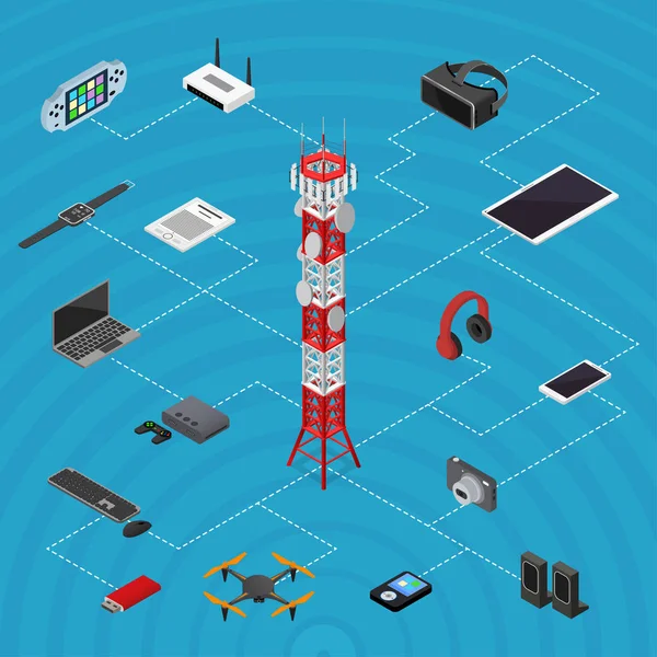 Communicatie toren mobiele telefoon Base en Element ingesteld isometrische weergave. Vector — Stockvector