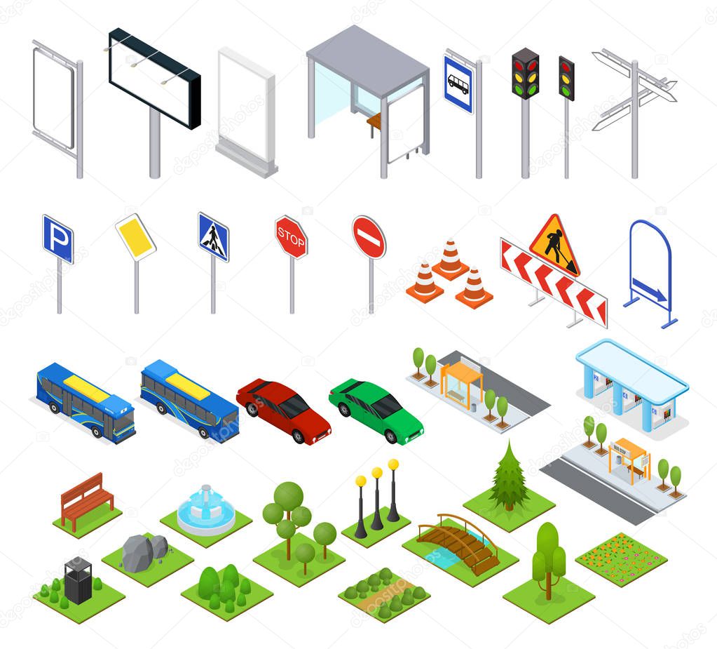 Street and Park Objects Set Isometric View. Vector