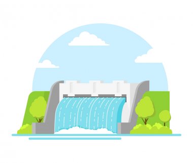 Cartoon Hydroelectric Station on a Landscape Background. Vector clipart