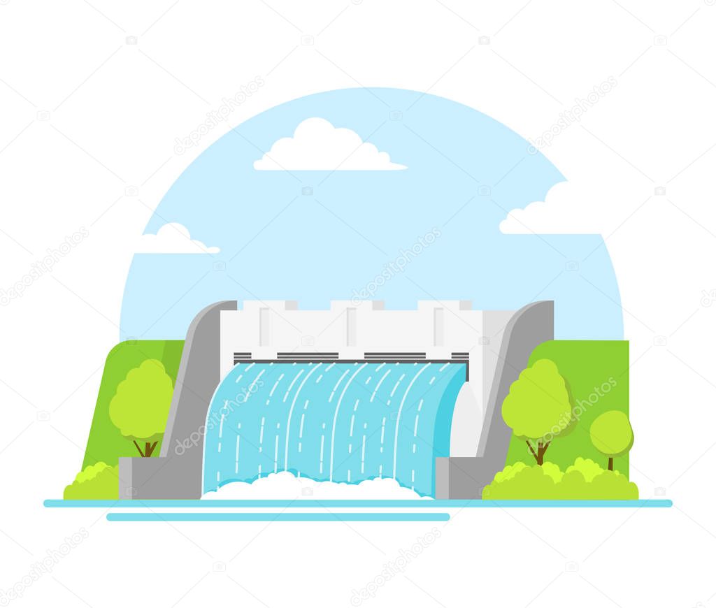 Cartoon Hydroelectric Station on a Landscape Background. Vector