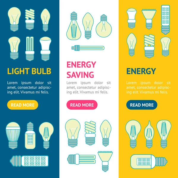 Farklı lamba veya Işık Ampüller simgeler afiş Vecrtical küme satır. Vektör — Stok Vektör