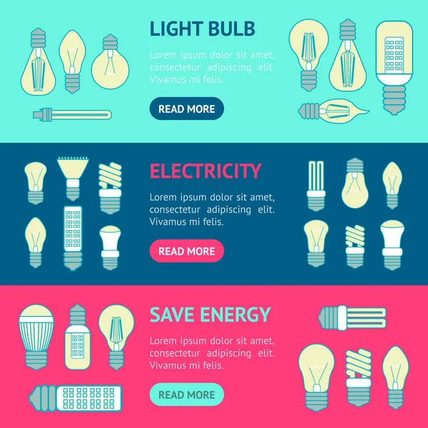 Ensemble horizontal de bannière de ligne de lampe ou d'ampoules différentes. Vecteur — Image vectorielle