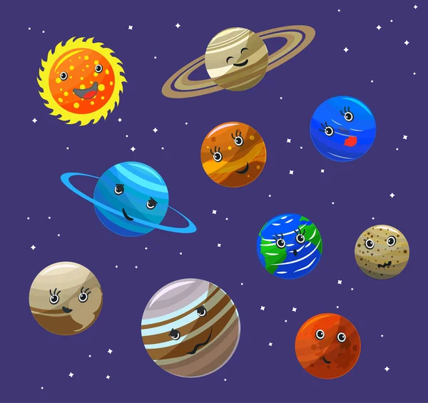 Planetas del Sistema Solar y Set de Personajes Solares. Vector — Vector de stock