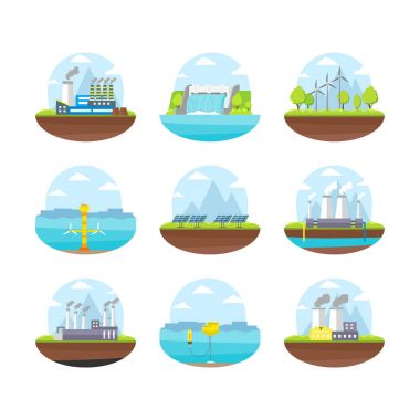 Karikatür enerji üretimi renkli simgeler kümesi. Vektör