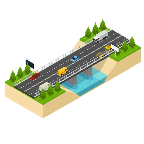 Bridge Highway over River Isometric View. Vetor — Vetor de Stock