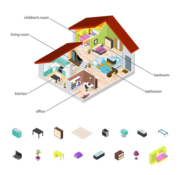 家の断面図と等角投影ビューを設定する要素。ベクトル — ストックベクタ