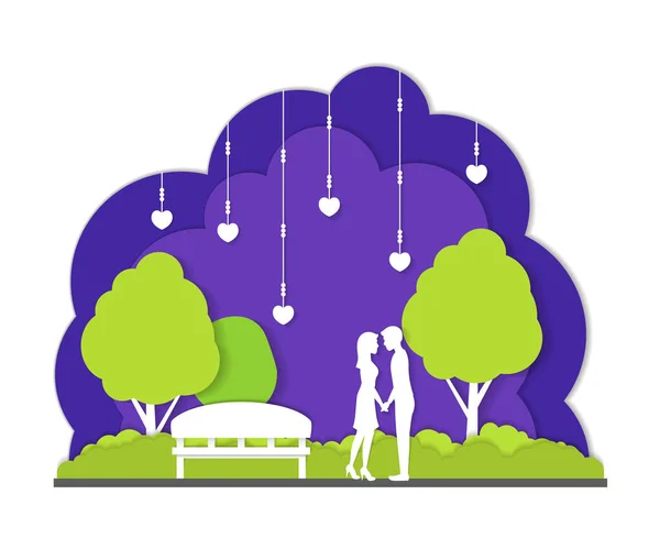 Pareja en Parque Nocturno Ciudad Paisaje Fondo Papel Arte. Vector — Vector de stock