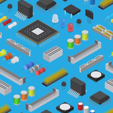 Bilgisayar elektronik devre kartı bileşeni arka plan deseni mavi bir izometrik görünümde. Vektör