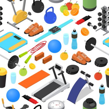 Spor salonunda egzersiz ekipman arka plan deseni izometrik görünümü. Vektör