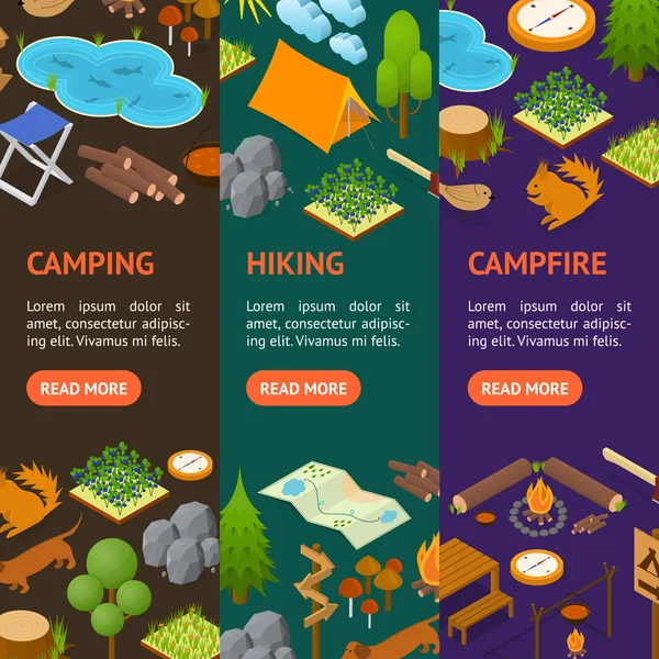 Camping Banner Vecrtical Set Isometric View (em inglês). Vetor — Vetor de Stock