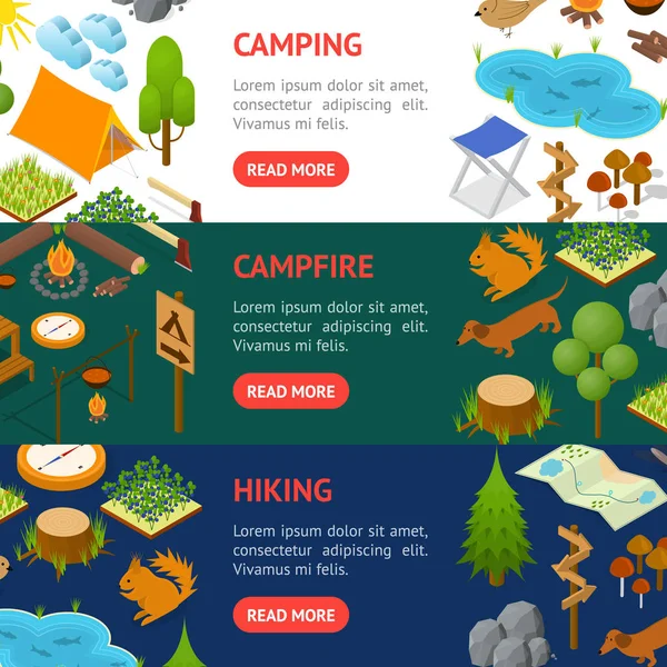 Camping Banner Horizontal Set Isométrico Vista. Vector — Vector de stock