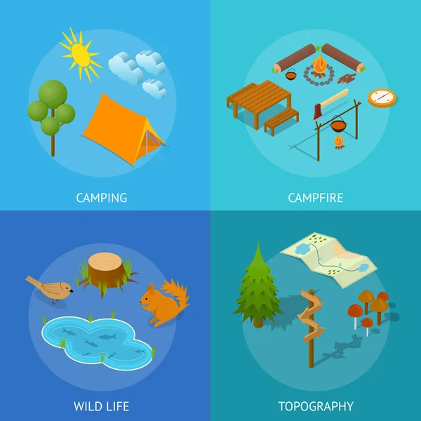 Camping Card Set Isomtric View. Vector — Vector de stock