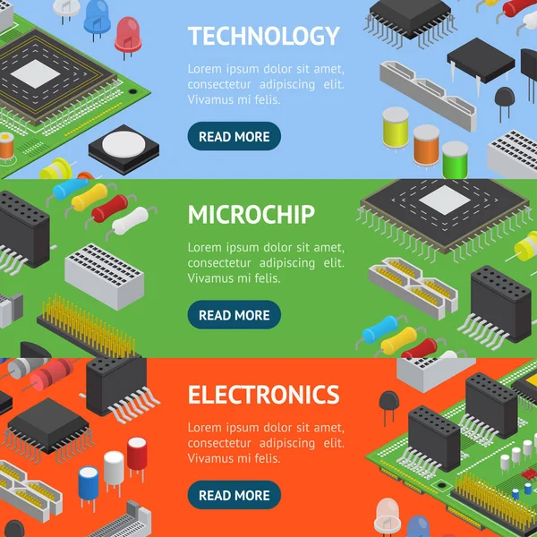 コンピューター電子回路基板コンポーネント バナー水平セット等尺性の表示。ベクトル — ストックベクタ