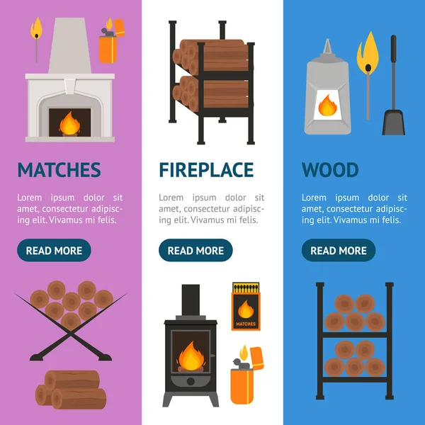 Çizgi film şömine afiş Vecrtical küme. Vektör