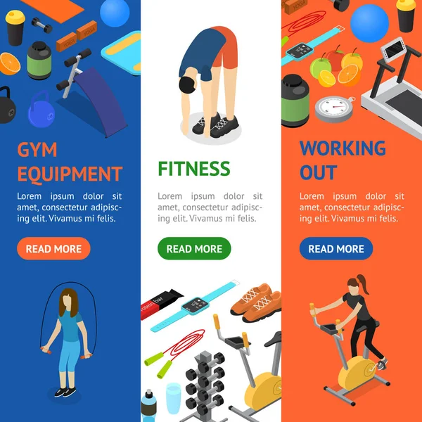 Gym Exercise Equipment Banner Vecrtical Set Isometric View. Vector