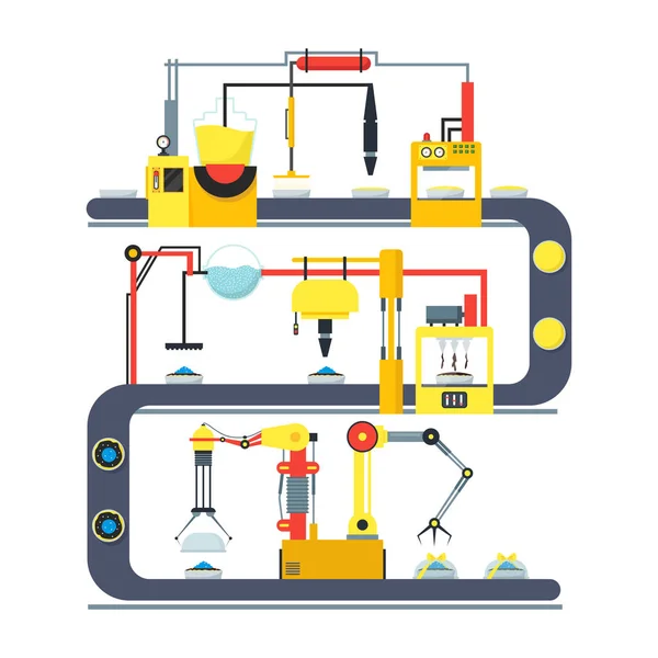 Linha de produção de bolos automáticos transportadores de fábrica. Vetor —  Vetores de Stock