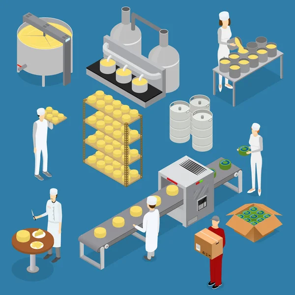 Fabrika peynir üretim hattı öğeleri ve personel. Vektör — Stok Vektör