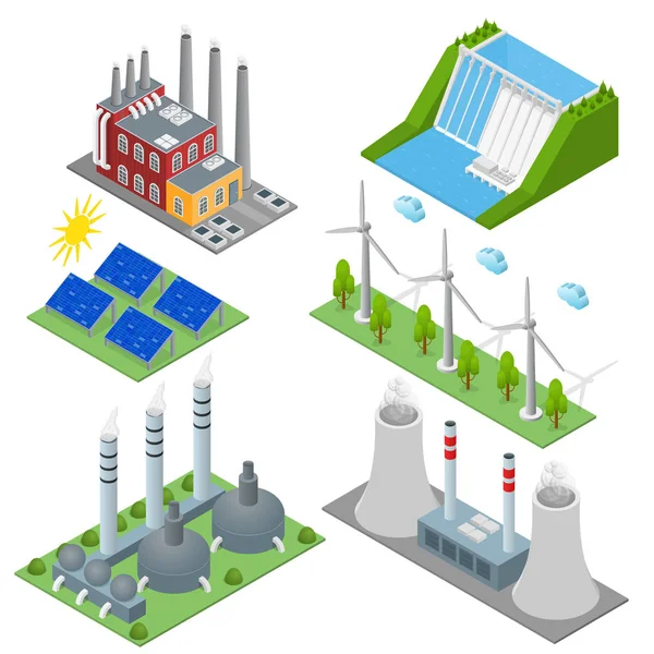 Renewable Resources and Traditional Energy Power Station Set Isometric View. Vector — Stock Vector
