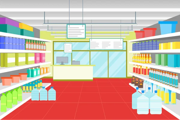 Tienda interior de dibujos animados o supermercado con muebles. Vector — Vector de stock