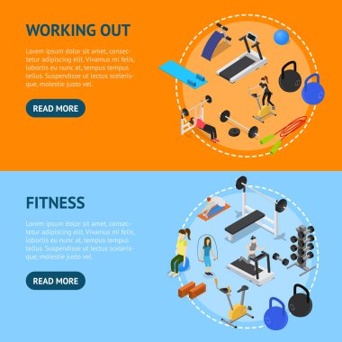 Spor salonunda egzersiz ve jimnastik donanımları kavramı afiş yatay ile izometrik görünümü ayarlayın. Vektör