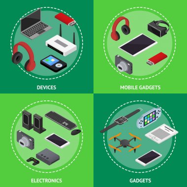 Teknoloji cihazlar Poster kartı Set izometrik görünümünde. Vektör