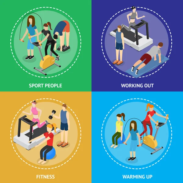 Sport People in Gym Poster Card Set Isometric View (em inglês). Vetor — Vetor de Stock