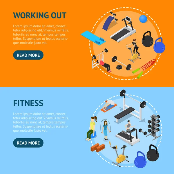 Gym with Exercise and Gymnastic Equipment Concept Banner Horizontal Set Isometric View. Vector — Stock Vector