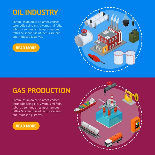 Indústria de Petróleo e Recursos Energéticos Banner Horizontal Set Isometric View. Vetor — Vetor de Stock