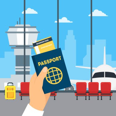Çizgi film Havaalanı Terminal Binası ve pasaport ve biniş kartı tutan el iç bekliyor. Vektör