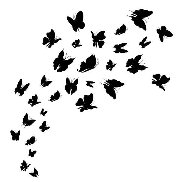 Silhouette Black Fly Flock Of Butterflies (em inglês). Vetor — Vetor de Stock