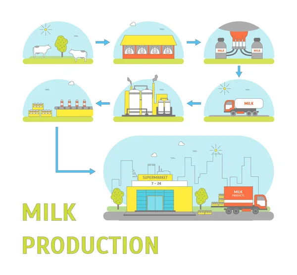 牛奶生产过程。矢量 — 图库矢量图片