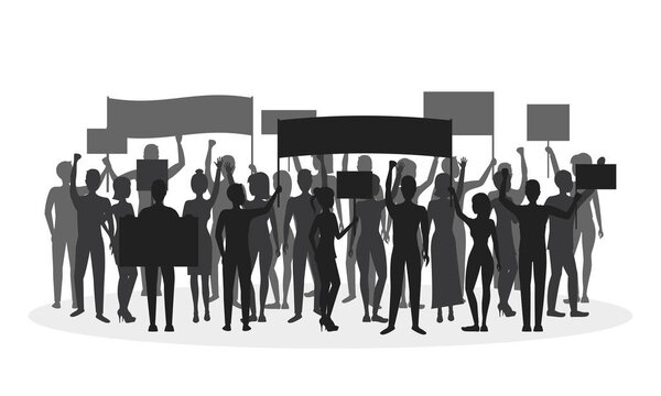 Silhouette Black Protesting Crowd. Vector