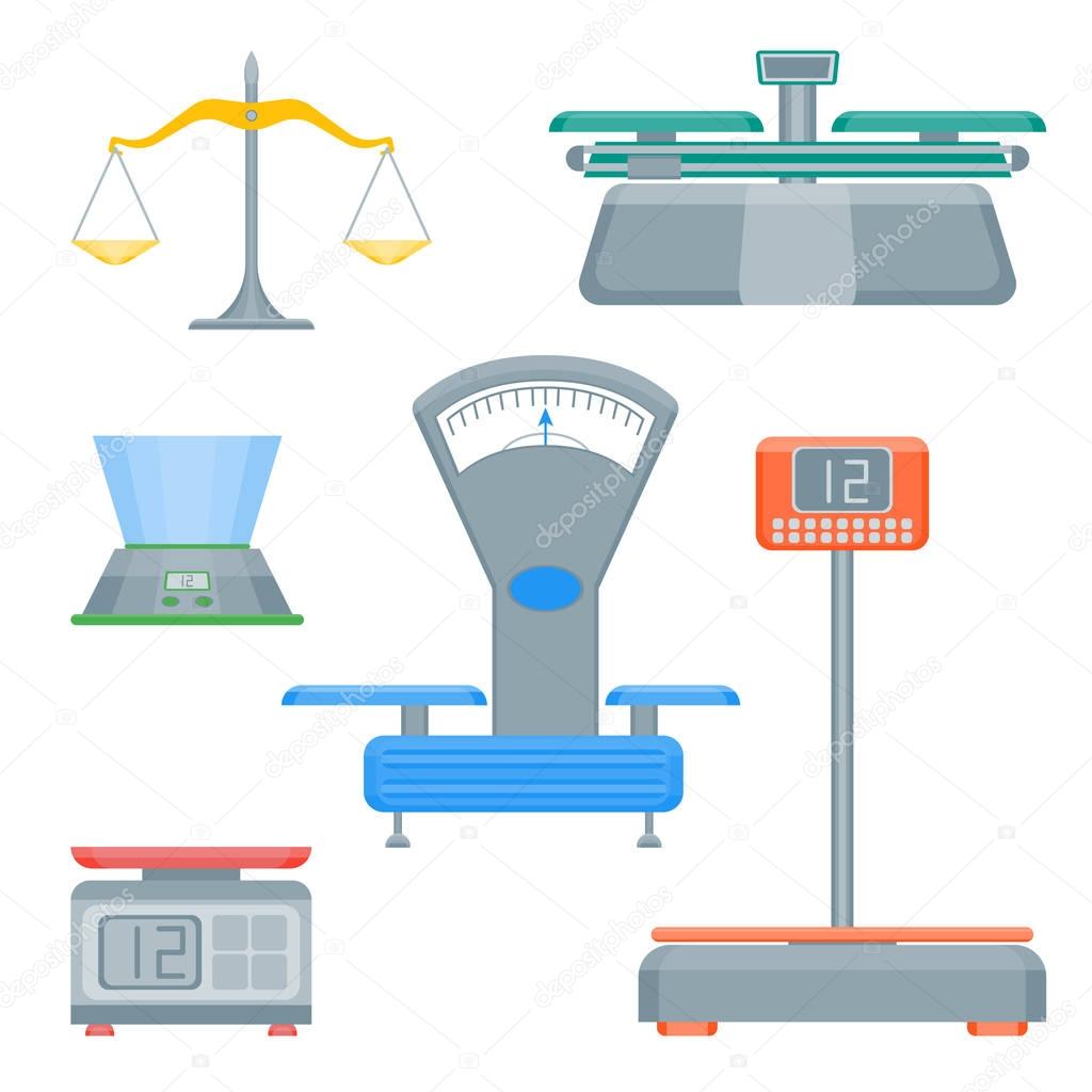 Cartoon Weight Scales Color Icons Set. Vector